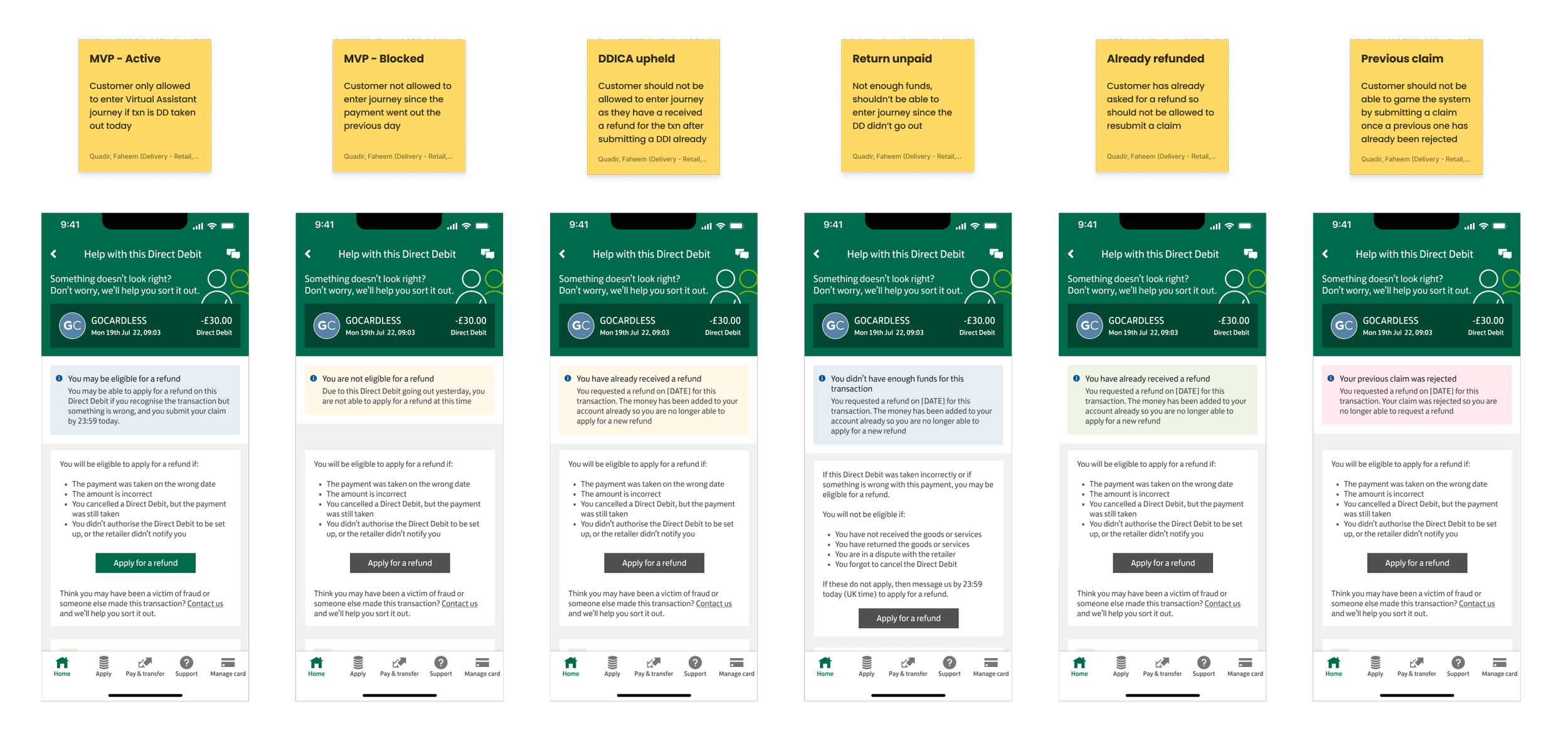 Page designs showing user flow through four screens