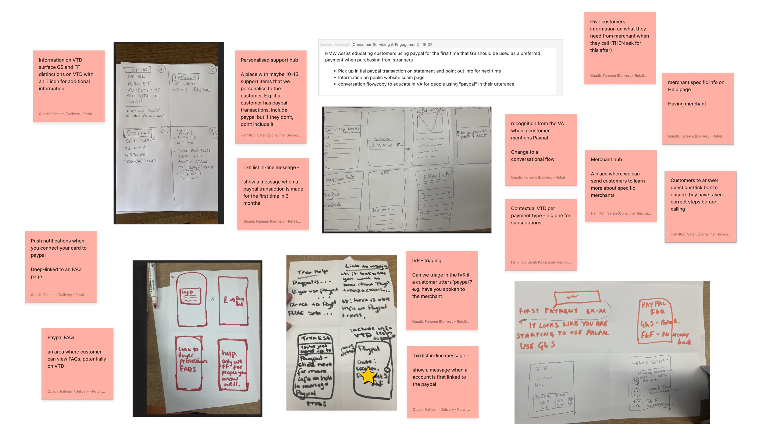 Ideation workshop showing sticky notes and sketches for educating customers about PayPal Goods & Services
