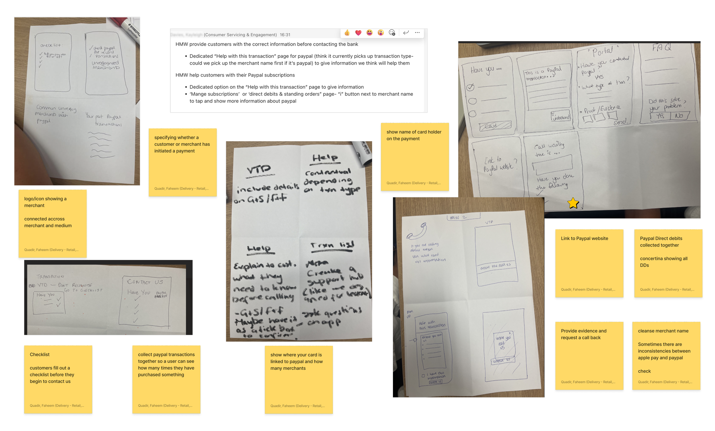Ideation workshop showing sticky notes and sketches for providing customers with information before calling