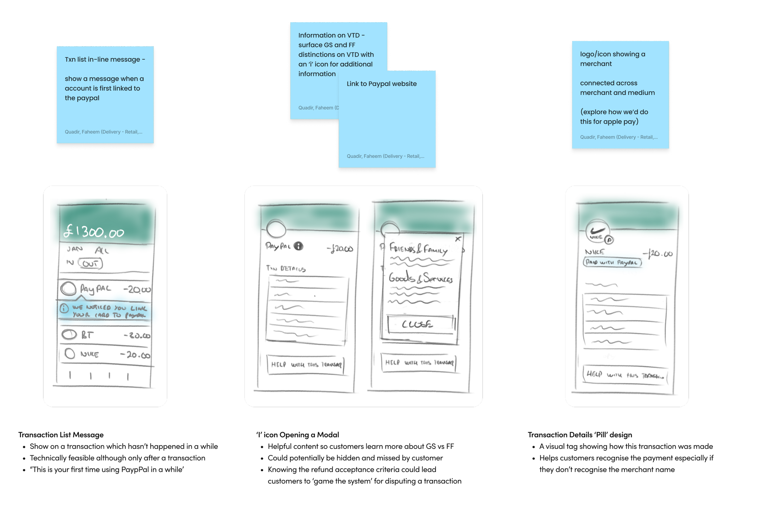 Concept generation showing transaction list message, T-rex opening a refund, and accordion list designs