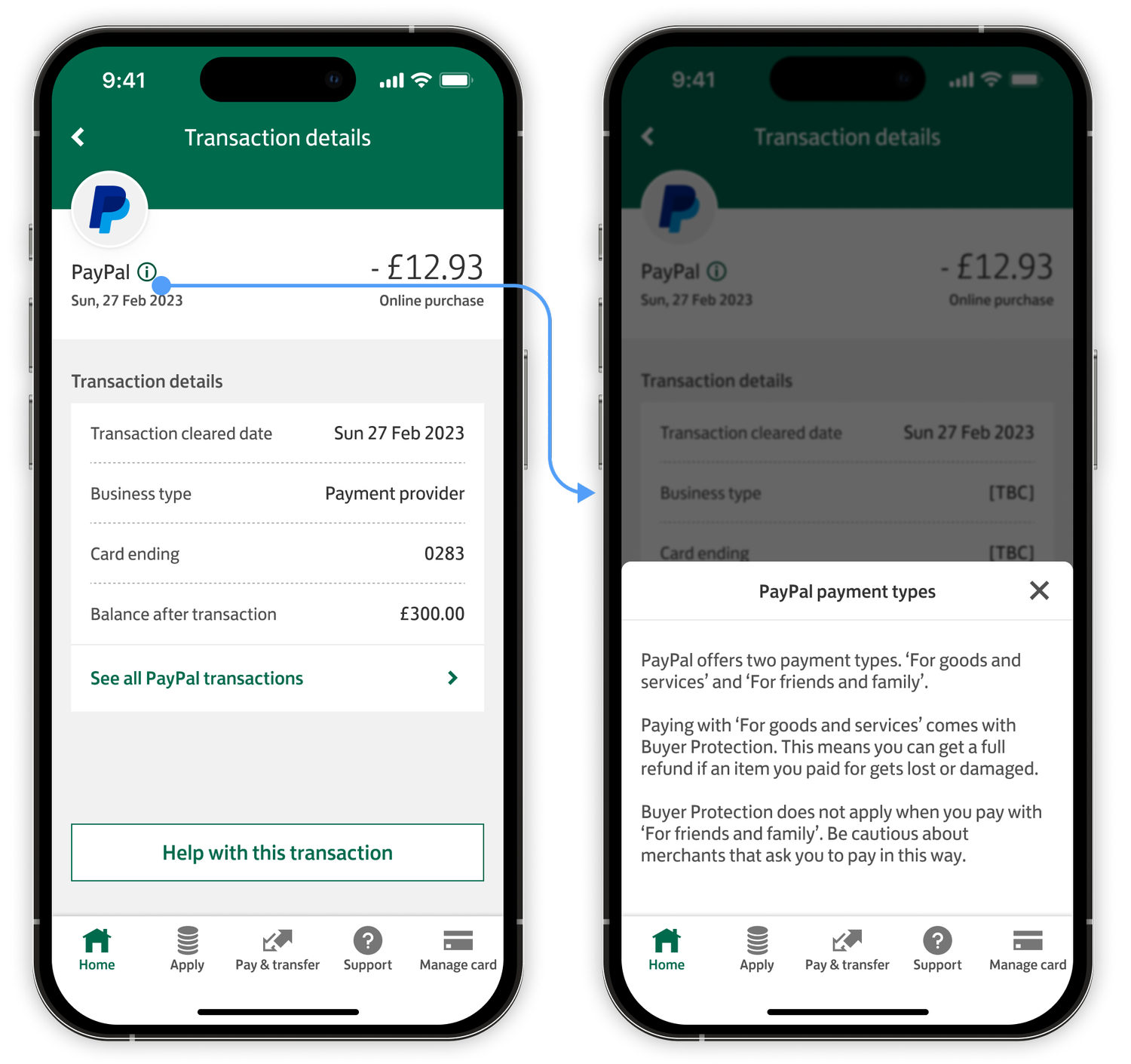 Task 2 showing transaction details page and PayPal information icon