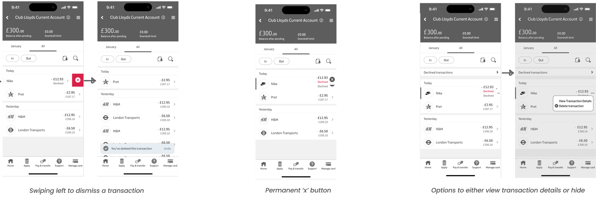 Additional initial concepts showing transaction management options