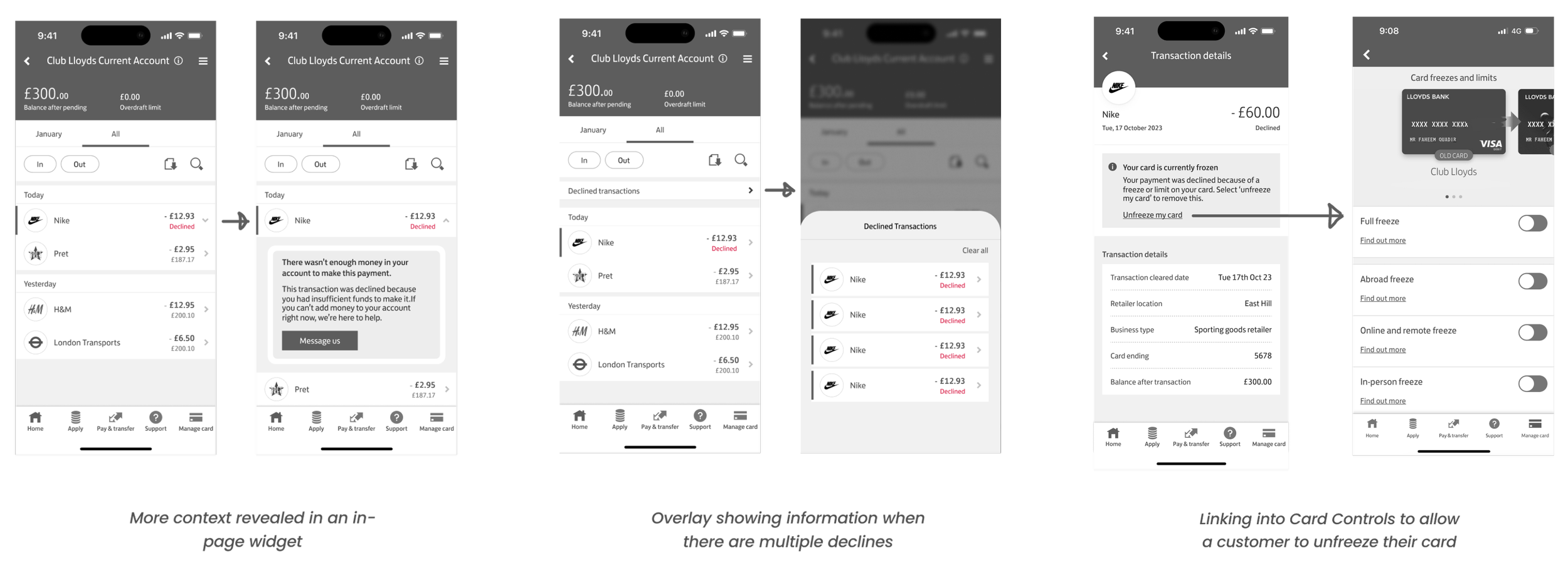 Initial concepts showing transaction list and details views